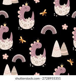 Lindo patrón sin fisuras de dinosaurio para impresión femenina. Fondo de la muchacha del dinosaurio de la historieta, animal prehistórico, ilustración del personaje jurásico, fondo del Vector de los niños.