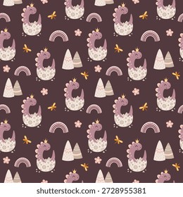 Lindo patrón sin fisuras de dinosaurio para impresión femenina. Fondo de la muchacha del dinosaurio de la historieta, animal prehistórico, ilustración del personaje jurásico, fondo del Vector de los niños.