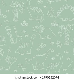 Cute dinosaur seamless pattern. Green and white outlines in cartoon style.