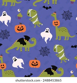 Lindo dinosaurio sin patrón para Halloween. Fondo con dinosaurios en los trajes, calabazas, Web, fantasma, cupcakes y murciélago. 