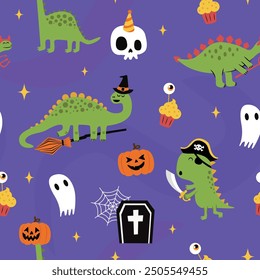 Lindo dinosaurio sin patrón para Halloween. Dinosaurios en los trajes, calabazas, Web, fantasma, cupcakes y scull en el fondo púrpura.