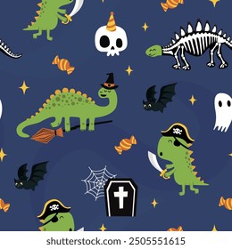 Lindo dinosaurio sin patrón para Halloween. Dinosaurios en los trajes, caramelos, Web, fantasma, cupcakes y murciélago en el fondo azul oscuro.