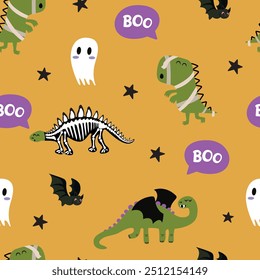 Dinossauro bonito padrão sem costura para Halloween. Fundo com dinossauros nos trajes, fantasmas, sinais de vaias e morcegos.