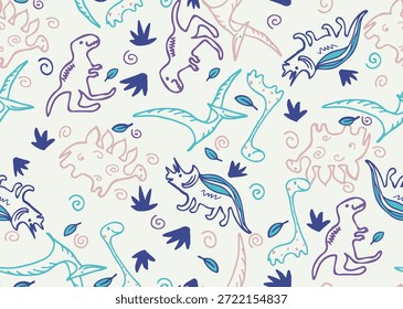 Dinossauro bonito padrão sem costura. Ilustração de doodle de vetor desenhado à mão de T-Rex, Pterodactil, e folhagem pré-histórica. Fundo de arte de linha de pastel para roupas de quarto de crianças, tecido para bebês e roupas para crianças.