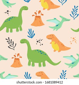 Cute dinosaur seamless pattern for kids, baby textile, wallpaper, nursery design. Funny little dino of hand drawn style. Vector illustration.