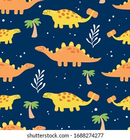 Cute dinosaur seamless pattern for kids, baby textile, wallpaper, nursery design. Funny little dino of hand drawn style. Vector illustration.