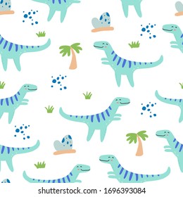 Cute dinosaur seamless pattern for kids, baby textile, wallpaper, nursery design. Funny little dino of hand drawn style. Vector illustration.