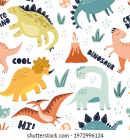 Cute dinosaur seamless pattern with lettering. Hand drawn vector illustration for textile or wrapping design.