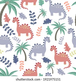 Cute dinosaur seamless pattern with palm trees and leaves. Vector illustration.