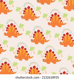 Cute dinosaur seamless pattern with rainbow and trees. pattern For valentine,bed sheets, cover bed, baby pajamas, print, packaging, decoration, wallpaper and design