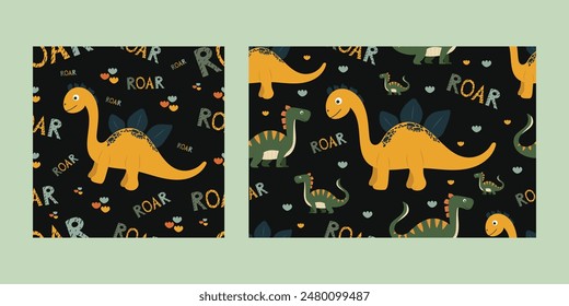 Cute dinosaur seamless pattern set on black isolated background with roar lettering. Cheerful yellow with spikes dino in children's flat style. For characters from children's books, cartoons, prints.