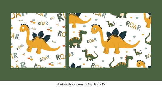 Cute dinosaur seamless pattern set on white isolated background with roar lettering. Prehistoric animal dino in children flat style. For baby wallpapers, birthday invitations, prints.