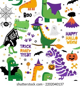 Cute dinosaur seamless pattern with spider web for Halloween. Dinosaurs, pumpkins, spider, ghost, costumes, spider, sweets funny hand drawn doodle, textile graphic design. wallpaper, wrapping paper.