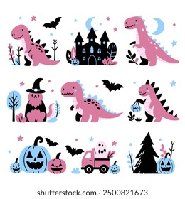 Cute dinosaur seamless pattern with spider web for Halloween. Dinosaurs, pumpkins, spider, ghost, costumes, spider, sweets funny hand drawn doodle, textile graphic design, wallpaper. 