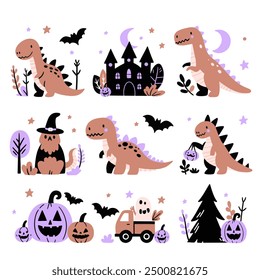 Cute dinosaur seamless pattern with spider web for Halloween. Dinosaurs, pumpkins, spider, ghost, costumes, spider, sweets funny hand drawn doodle, textile graphic design, wallpaper. 