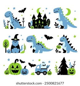 Lindo dinosaurio sin patrón con Web de araña para Halloween. Dinosaurios, calabazas, araña, fantasma, trajes, araña, dulces divertidos dibujados a mano doodle, Diseño gráfico textil, Fondo de pantalla. 