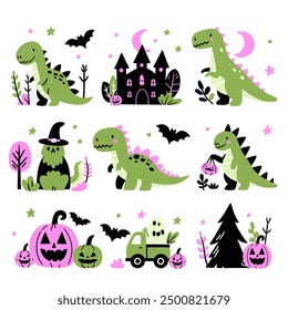 Cute dinosaur seamless pattern with spider web for Halloween. Dinosaurs, pumpkins, spider, ghost, costumes, spider, sweets funny hand drawn doodle, textile graphic design, wallpaper. 