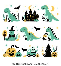 Cute dinosaur seamless pattern with spider web for Halloween. Dinosaurs, pumpkins, spider, ghost, costumes, spider, sweets funny hand drawn doodle, textile graphic design, wallpaper. 