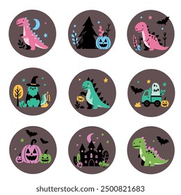 Lindo dinosaurio sin patrón con Web de araña para Halloween. Dinosaurios, calabazas, araña, fantasma, trajes, araña, dulces divertidos dibujados a mano doodle, Diseño gráfico textil, Fondo de pantalla. 