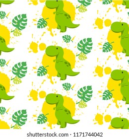 Cute Dinosaur seamless pattern with tyrannosaur rex, monstera leafs and splashes for designing textile, wallpaper, website, invitation, logo, icon, banner, poster. 