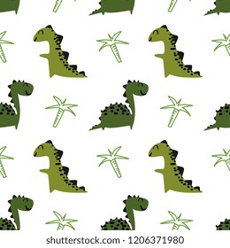 Cute dinosaur seamless pattern vector. Green colors dino character with cartoon style for baby and kids fashion textile print.