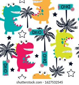 cute dinosaur seamless pattern vector illustration, vector textile fabric print, wrapping paper