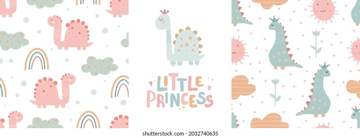 Cute dinosaur seamless patterns set and lettering - little princess. Digital paper. Creative childish print for fabric, wrapping, textile, wallpaper, apparel, scrapbooking