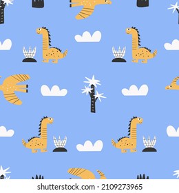 Cute dinosaur seamless patterns set and lettering - little princess. Digital paper. Creative childish print for fabric, wrapping, textile, wallpaper, apparel, scrapbooking