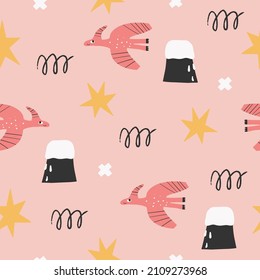 Cute dinosaur seamless patterns set and lettering - little princess. Digital paper. Creative childish print for fabric, wrapping, textile, wallpaper, apparel, scrapbooking