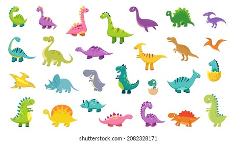 Cute dinosaur set. Cartoon dinos, dinosaurs colorful isolated characters. Tyrannosaurus, triceratop, pterodactyl. Funny prehistoric animals, vector collection for kids