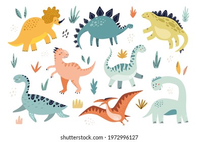 Cute dinosaur set. Hand drawn vector illustration for modern nursery and textile design.