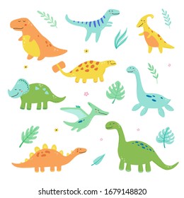 Cute Dinosaur Set For Kids, Baby Clipart Design. Colorful Dino Of Hand Drawn Style. Vector Illustration Of Dinosaurs Isolated On Background.