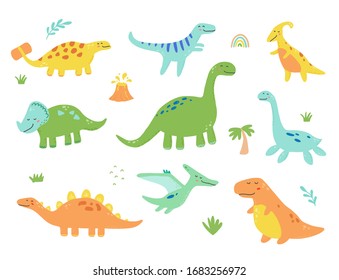 Cute dinosaur set for kids, baby clipart design. Colorful dino of hand drawn style. Vector illustration of dinosaurs isolated on background.