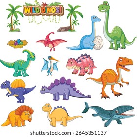 Cute dinosaur set for kids. Vector illustration. Sea, carnivorous, herbivorous and flying dinosaurs with prehistoric plants. Isolated on white background.