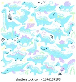 Cute dinosaur set with species name lettering. Pastel color vector illustration on white background. Children poster with dinosaur character. Prehistoric animal sticker isolated. Dinosaur species logo
