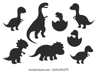 Cute Dinosaur Silhouettes Vector Set – Baby Dinosaurs and Dinosaur Eggs in Black Silhouette Style