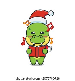 Cute dinosaur sing a christmas song. Cute christmas cartoon illustration.