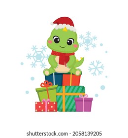 Cute dinosaur sit on top of Christmas presents. Flat vector cartoon design