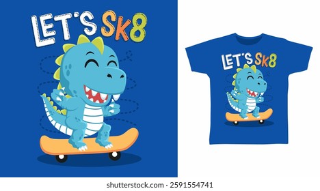 Cute dinosaur with skateboard hand drawn, ready for print on t shirt and other uses