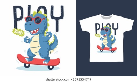 Cute dinosaur with skateboard hand drawn, ready for print on t shirt and other uses.