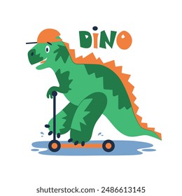 Cute dinosaur skater. Tyrannosaurus on a skateboard is a flat vector illustration. Suitable for printing on T-shirts and posters