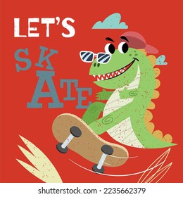 Cute dinosaur skating. Best for children designs, tees, birthday flyers and invitations. Dino party template. Vector illustration.