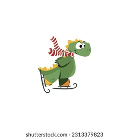 Cute dinosaur skating in winter theme vector illustration for fashion artworks  children books  t  shirt prints  greeting cards  Adorable hand drawn kids dinosaur characters wearing scarf skating 