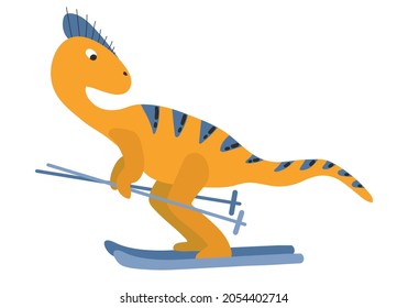 Cute dinosaur skiing. Hand-drawn style. White background, isolate. Vector illustration.