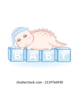 Cute Dinosaur sleeping on baby toy box illustration