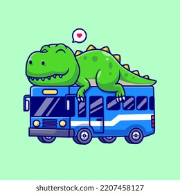 Cute Dinosaur Sleeping On Bus Cartoon Vector Icon Illustration. Animal Transportation Icon Concept Isolated Premium Vector. Flat Cartoon Style