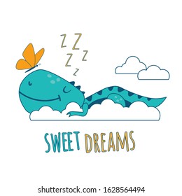 Cute dinosaur sleeping on fluffy clouds