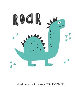 Cute dinosaur with slogan graphic - roar, funny dino cartoons. Vector funny lettering quote with dino icon, scandinavian hand drawn illustration for greeting card, t shirt, print, stickers, posters 