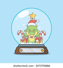 Cute dinosaur in snow globe. Cute christmas cartoon illustration.