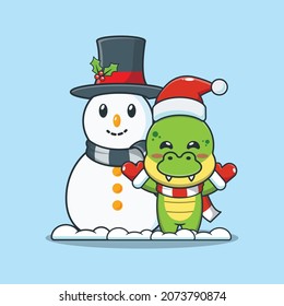 Cute dinosaur with Snowman. Cute christmas cartoon illustration.